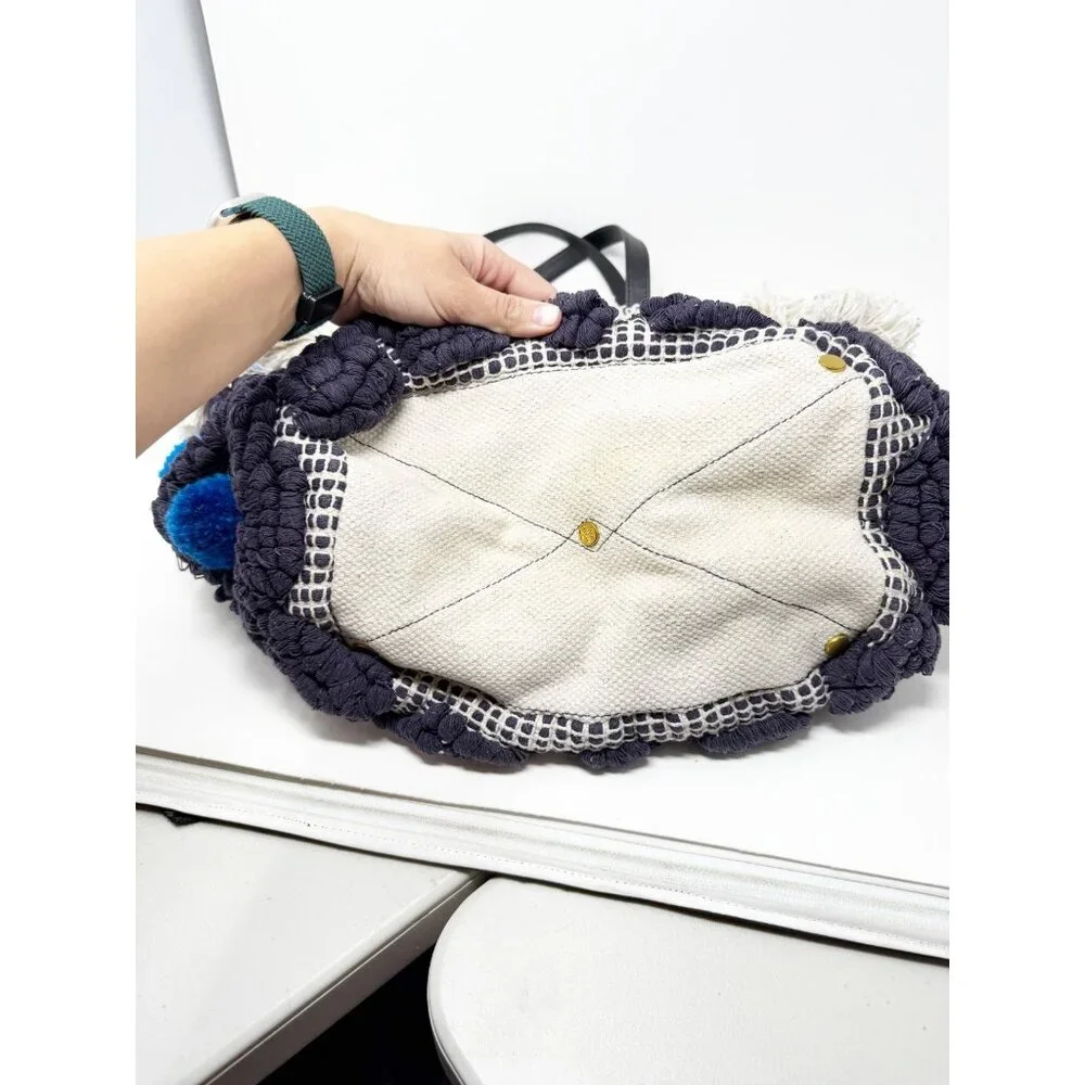 Tory Burch Womens Pom‎ Pom Fringe Canvas Large Woven Tote Bag Double Handle Navy